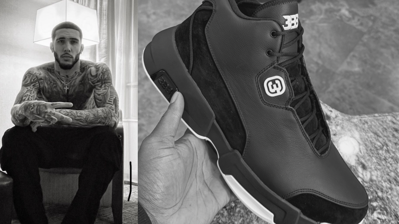 Black and white image of LiAngelo Ball sitting confidently with tattoos on display, next to a hand holding the G3 ‘Black Phantom’ basketball shoe, featuring a prominent ‘3BB’ logo.